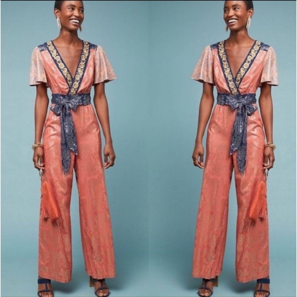 NWOT Anthropologie Akemie and Kin Embroidered Bohemian Wrap Orange Gold Jumpsuit - Picture 1 of 6